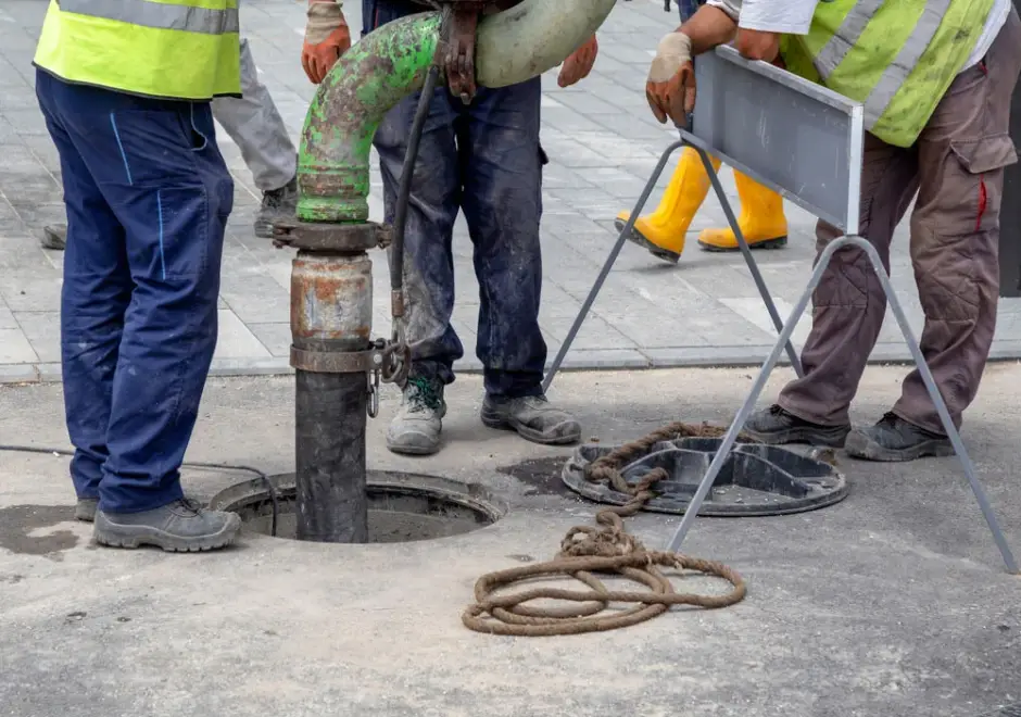 Plumbing crew performing commercial sewer line cleaning through manhole in Utah